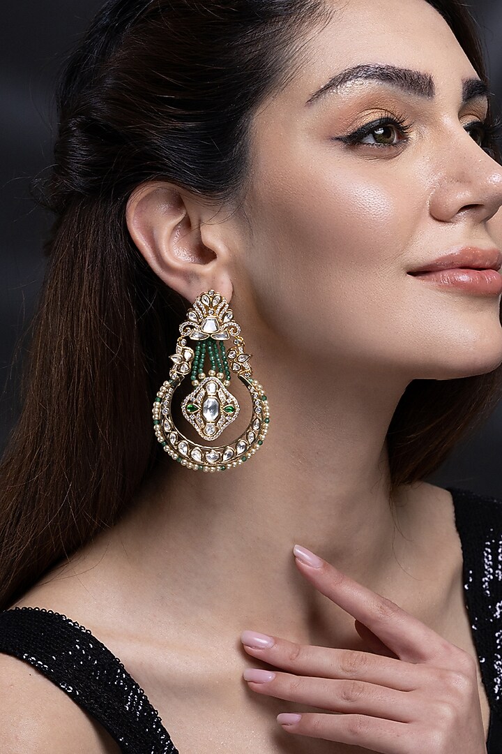 Gold Finish Kundan Polki & Green Beaded Dangler Earrings by Joules By Radhika at Pernia's Pop Up Shop