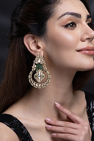 Gold Finish Kundan Polki & Green Beaded Dangler Earrings by Joules By Radhika