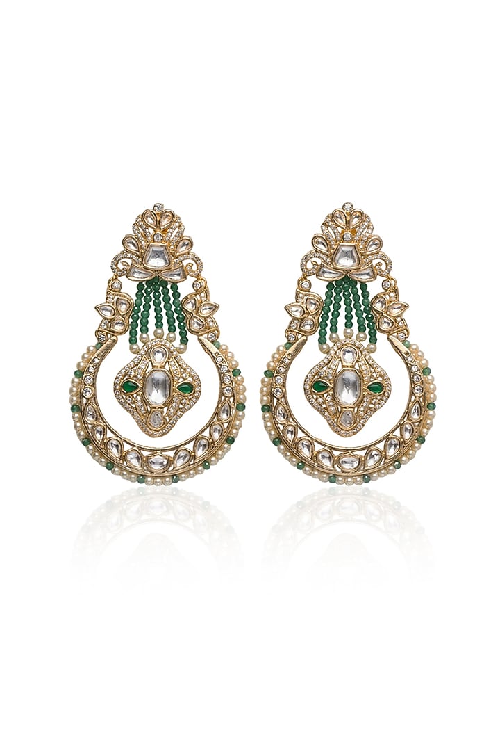 Gold Finish Kundan Polki & Green Beaded Dangler Earrings by Joules By Radhika at Pernia's Pop Up Shop