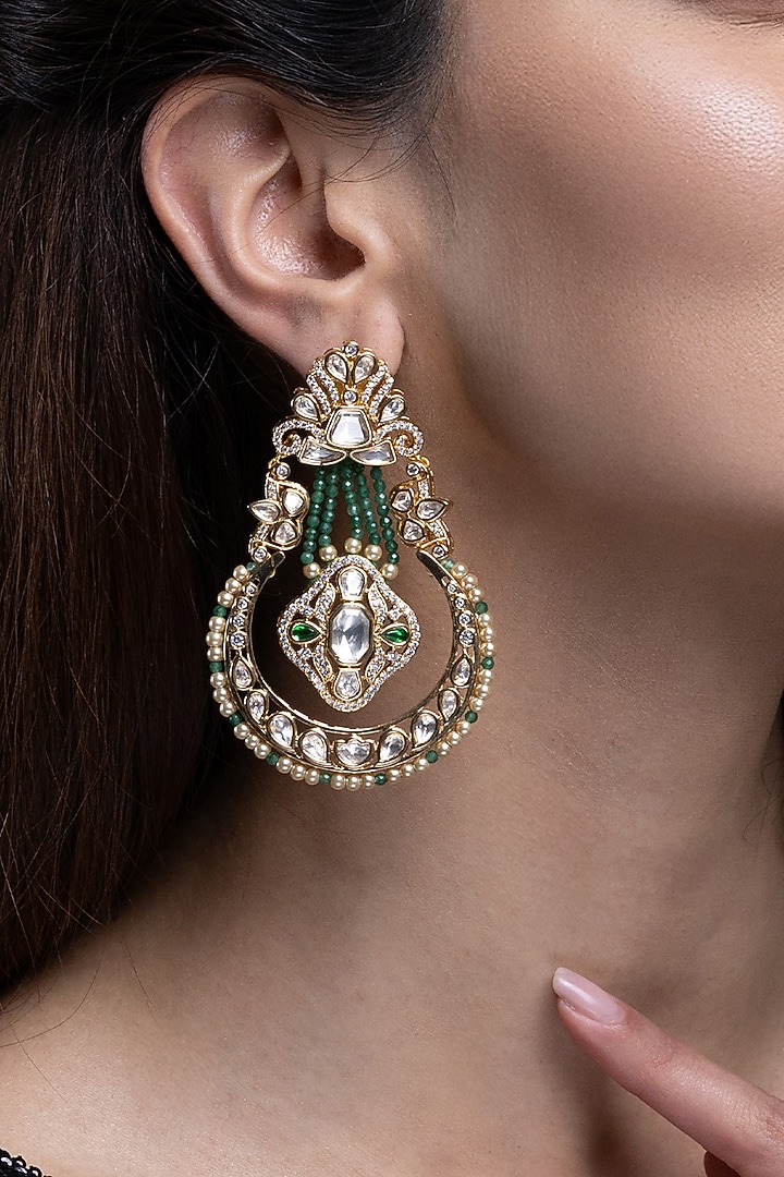 Gold Finish Kundan Polki & Green Beaded Dangler Earrings by Joules By Radhika at Pernia's Pop Up Shop