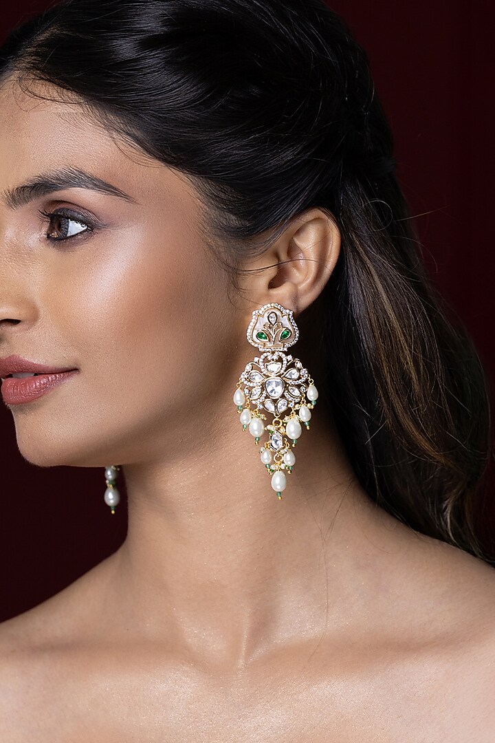 Gold Finish Kundan Polki & Pearl Dangler Earrings by Joules By Radhika at Pernia's Pop Up Shop