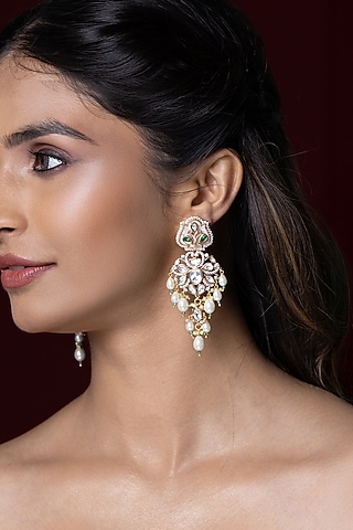 Gold Finish Kundan Polki & Pearl Dangler Earrings by Joules By Radhika