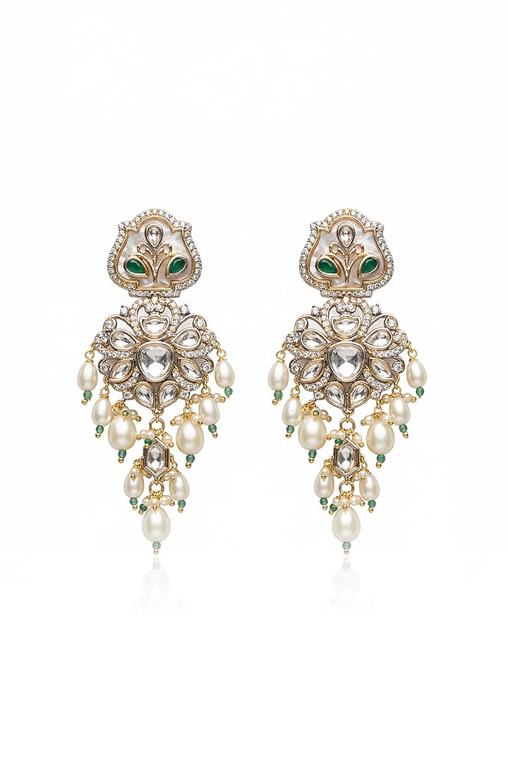 Gold Finish Kundan Polki & Pearl Dangler Earrings by Joules By Radhika at Pernia's Pop Up Shop