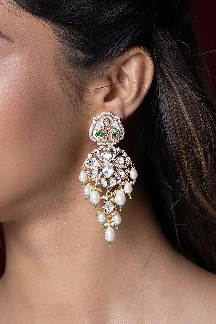 Gold Finish Kundan Polki & Pearl Dangler Earrings by Joules By Radhika at Pernia's Pop Up Shop