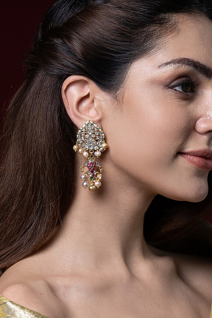Gold Finish Kundan Polki & Pearl Dangler Earrings by Joules By Radhika at Pernia's Pop Up Shop
