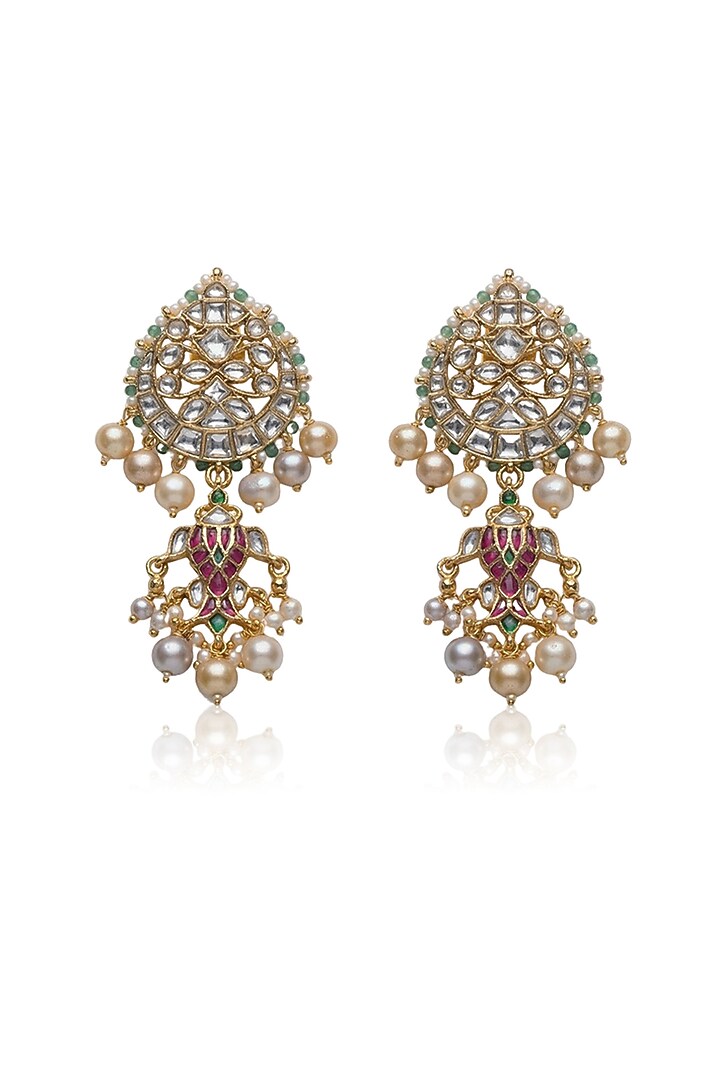 Gold Finish Kundan Polki & Pearl Dangler Earrings by Joules By Radhika at Pernia's Pop Up Shop