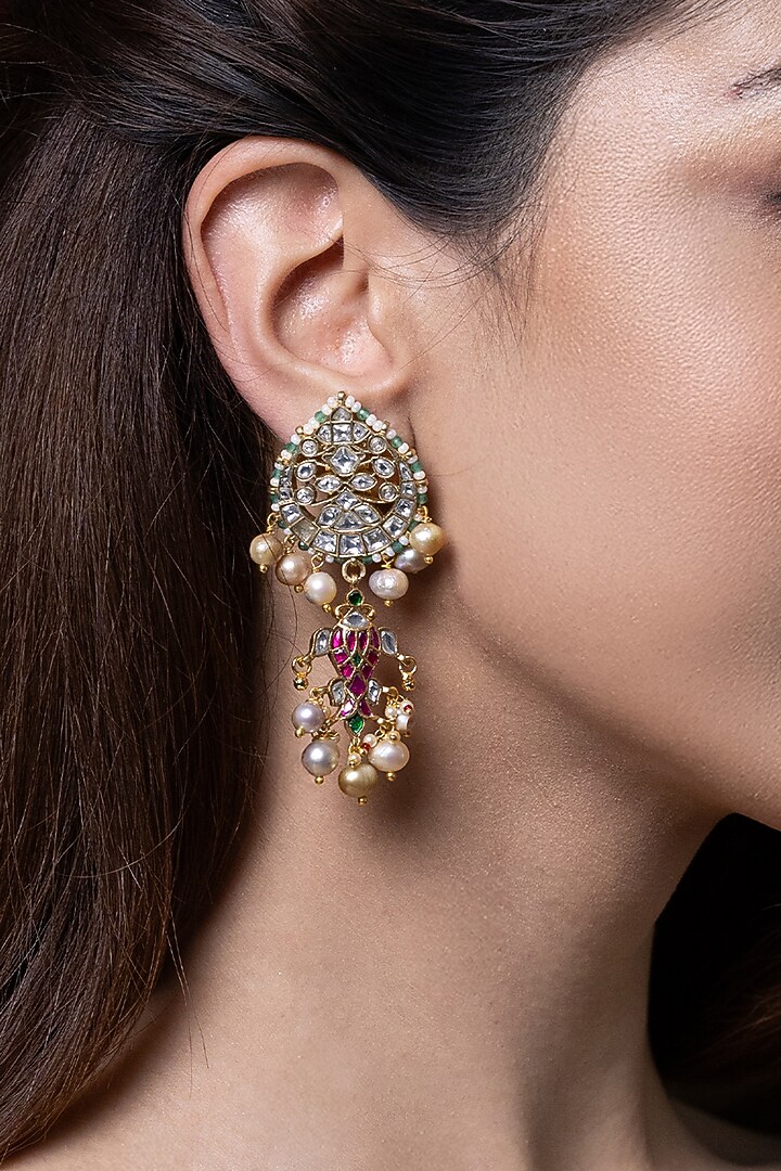Gold Finish Kundan Polki & Pearl Dangler Earrings by Joules By Radhika at Pernia's Pop Up Shop