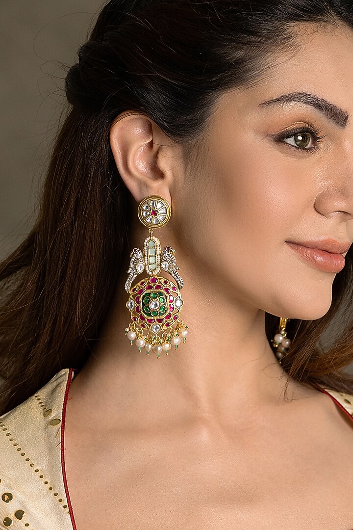 Gold Finish Kundan Polki & Freshwater Pearl Dangler Earrings by Joules By Radhika at Pernia's Pop Up Shop