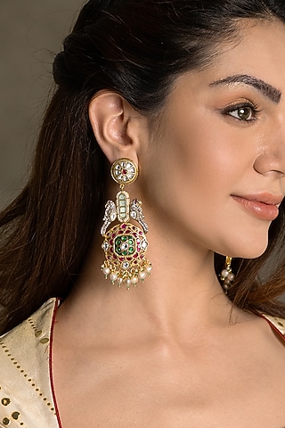 Gold Finish Kundan Polki & Freshwater Pearl Dangler Earrings by Joules By Radhika