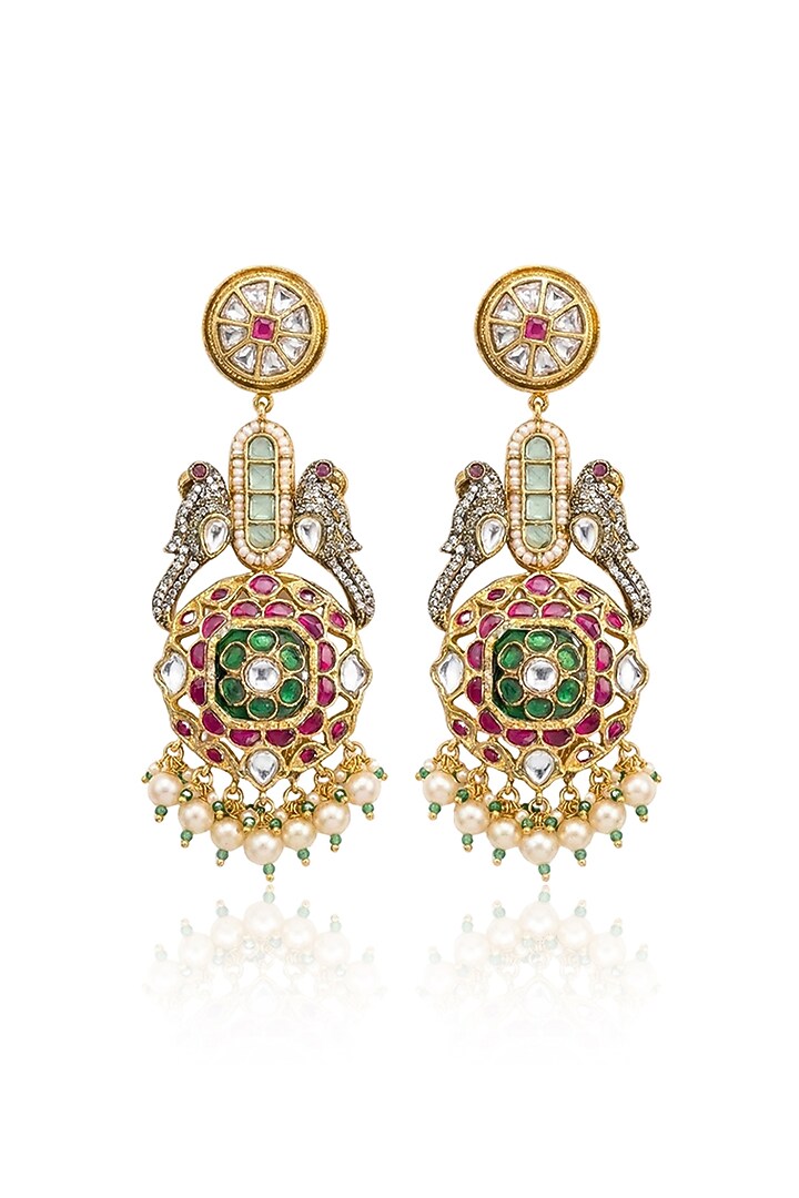 Gold Finish Kundan Polki & Freshwater Pearl Dangler Earrings by Joules By Radhika at Pernia's Pop Up Shop