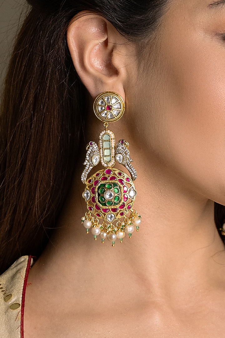 Gold Finish Kundan Polki & Freshwater Pearl Dangler Earrings by Joules By Radhika at Pernia's Pop Up Shop