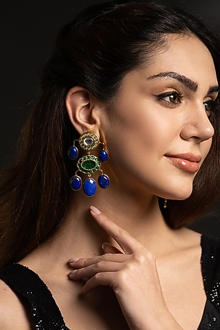 Gold Finish Kundan Polki & Lapis Lazuli Dangler Earrings by Joules By Radhika