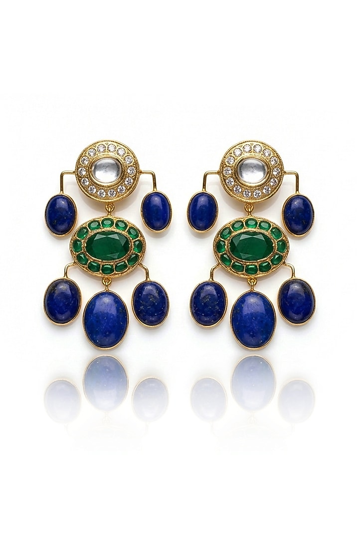 Gold Finish Kundan Polki & Lapis Lazuli Dangler Earrings by Joules By Radhika at Pernia's Pop Up Shop