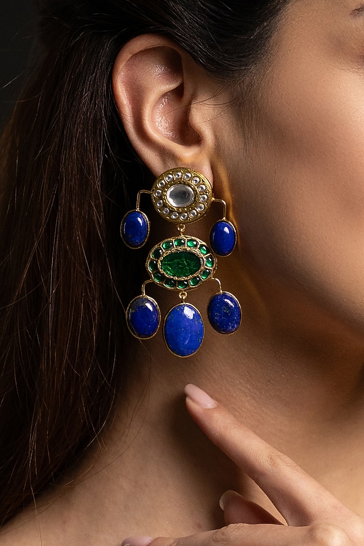Gold Finish Kundan Polki & Lapis Lazuli Dangler Earrings by Joules By Radhika at Pernia's Pop Up Shop