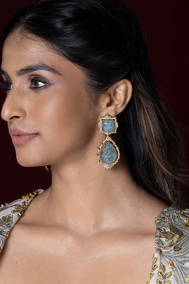 Gold Finish Kundan Polki & Aqua Blue Stone Dangler Earrings by Joules By Radhika at Pernia's Pop Up Shop