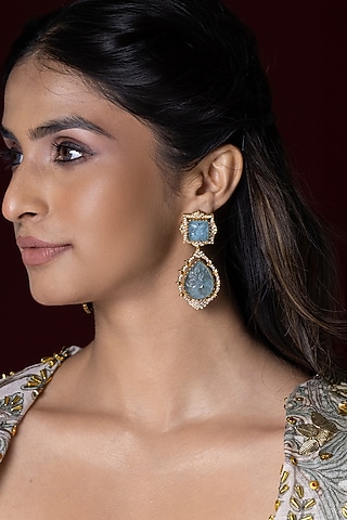 Gold Finish Kundan Polki & Aqua Blue Stone Dangler Earrings by Joules By Radhika