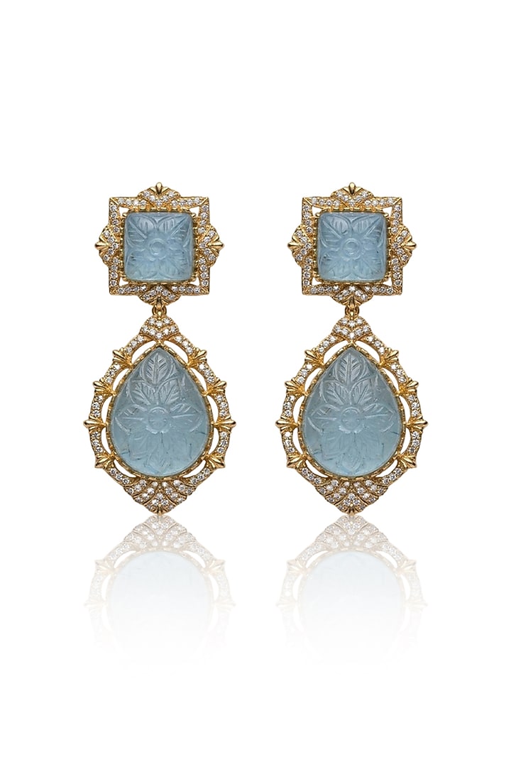 Gold Finish Kundan Polki & Aqua Blue Stone Dangler Earrings by Joules By Radhika at Pernia's Pop Up Shop