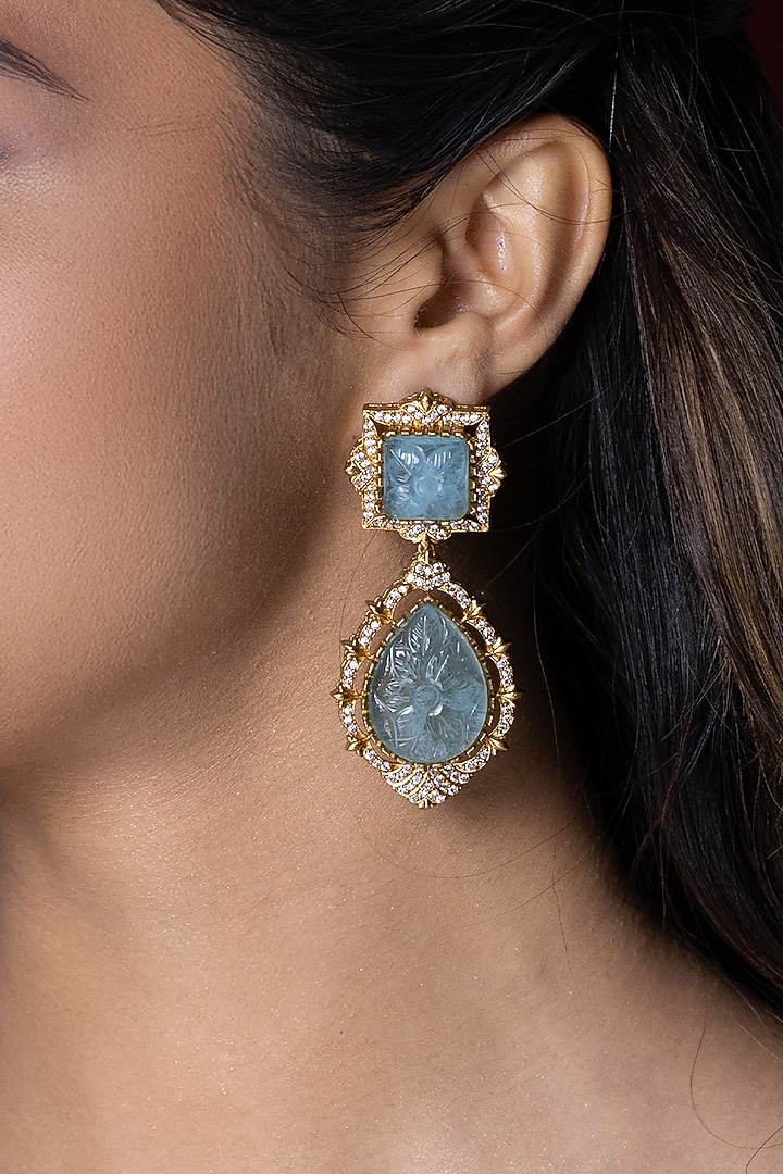 Gold Finish Kundan Polki & Aqua Blue Stone Dangler Earrings by Joules By Radhika at Pernia's Pop Up Shop