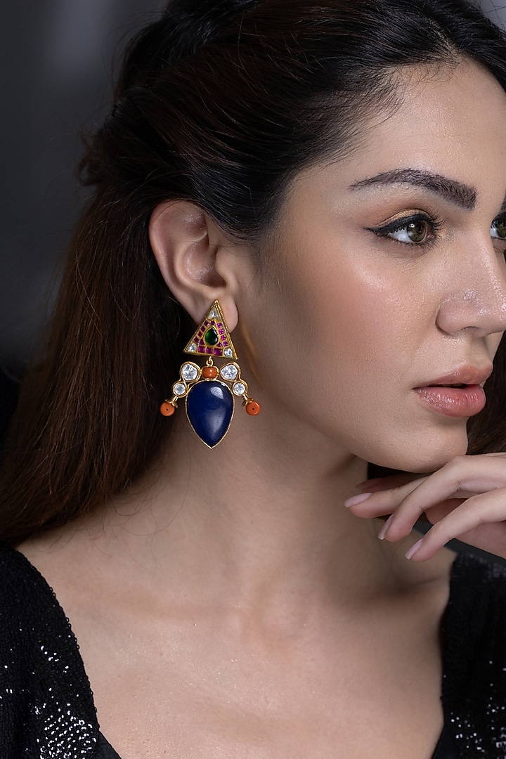 Gold Finish Kundan Polki & Lapis Lazuli Stone Dangler Earrings by Joules By Radhika at Pernia's Pop Up Shop