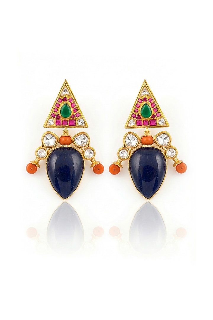 Gold Finish Kundan Polki & Lapis Lazuli Stone Dangler Earrings by Joules By Radhika at Pernia's Pop Up Shop