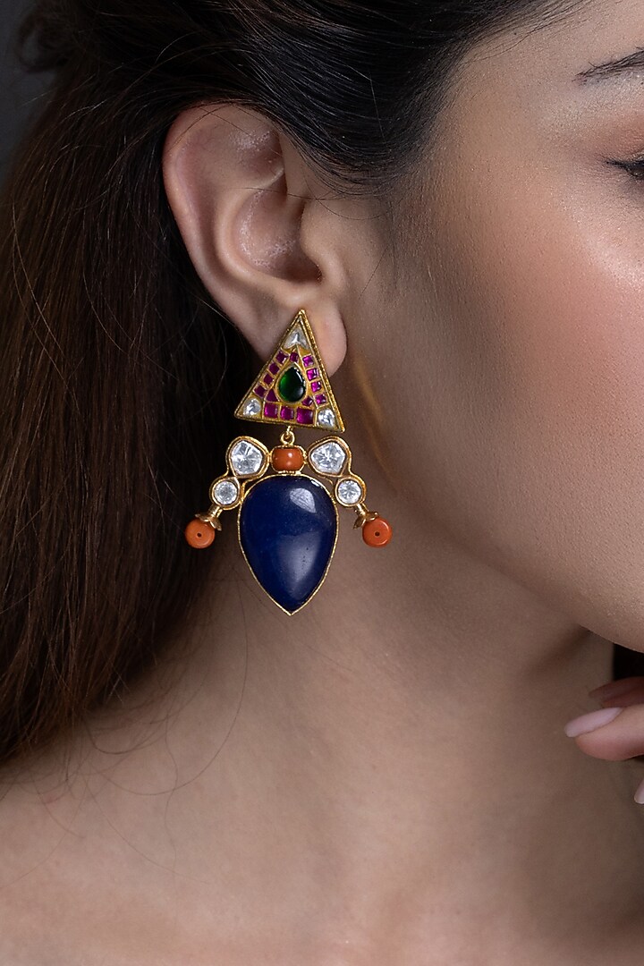 Gold Finish Kundan Polki & Lapis Lazuli Stone Dangler Earrings by Joules By Radhika at Pernia's Pop Up Shop