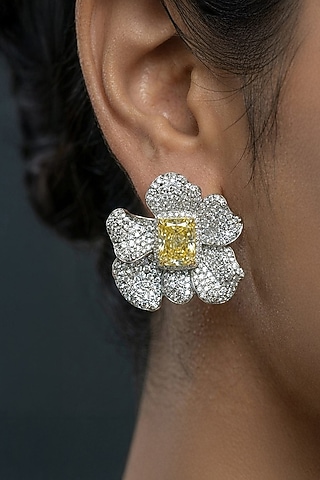 White Finish Zircon & Yellow Stone Floral Stud Earrings by Joules By Radhika