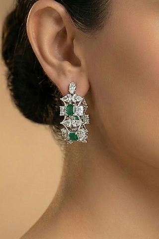 White Finish Zircon & Emerald Stone Dangler Earrings by Joules By Radhika