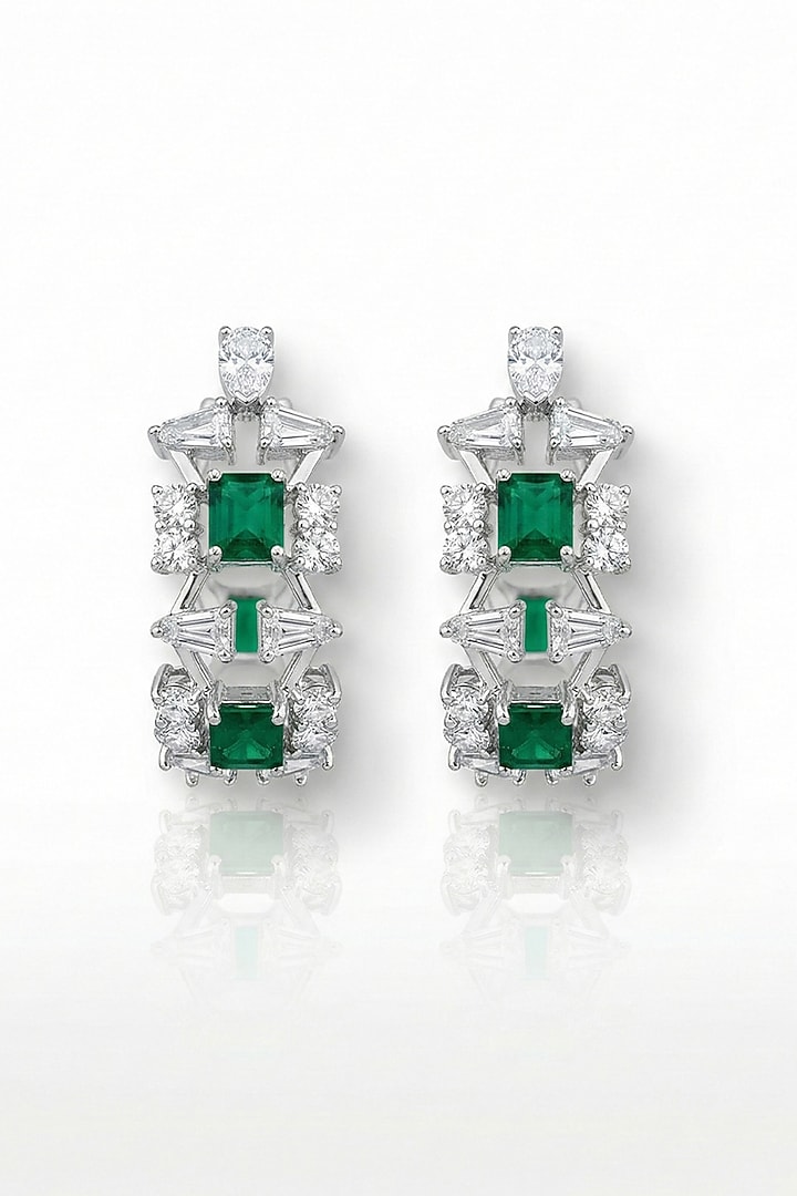 White Finish Zircon & Emerald Stone Dangler Earrings by Joules By Radhika at Pernia's Pop Up Shop