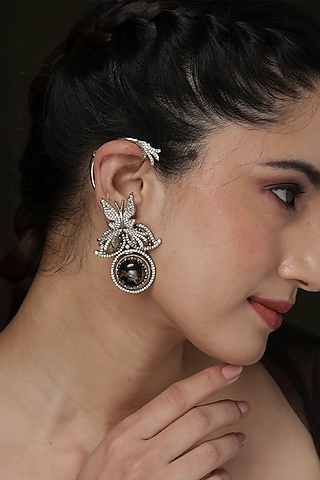 Gold Finish Black Gemstone Detachable Floral Ear Cuffs by Joules By Radhika