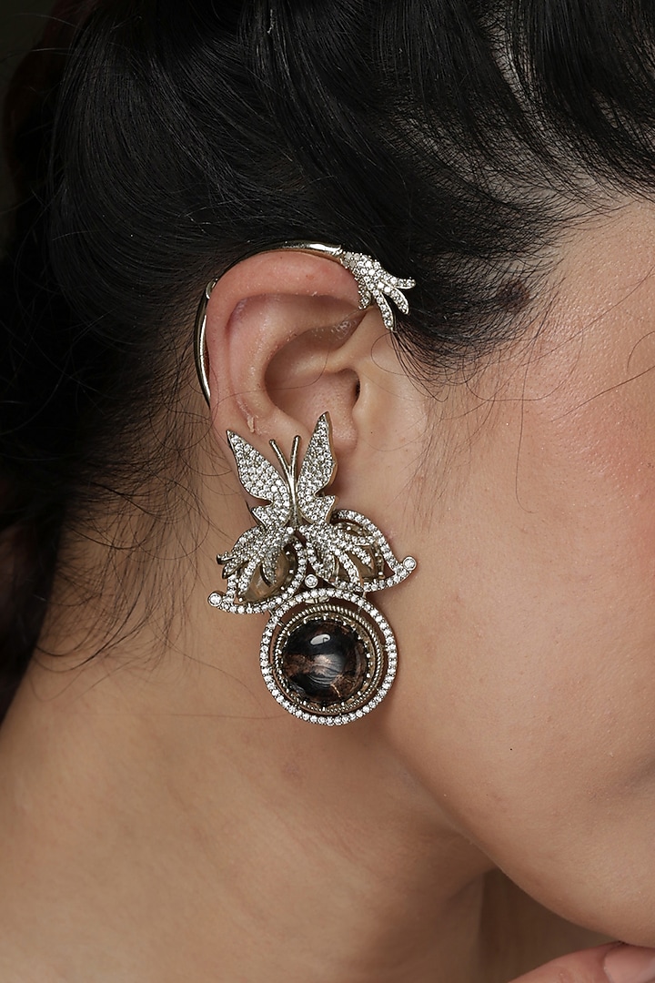 Gold Finish Black Gemstone Detachable Floral Ear Cuffs by Joules By Radhika at Pernia's Pop Up Shop