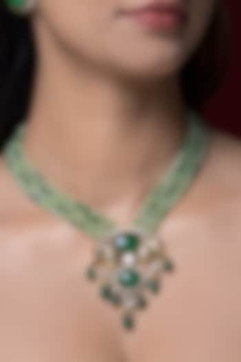 Gold Finish Kundan Polki & Green Beaded Necklace by Joules By Radhika at Pernia's Pop Up Shop