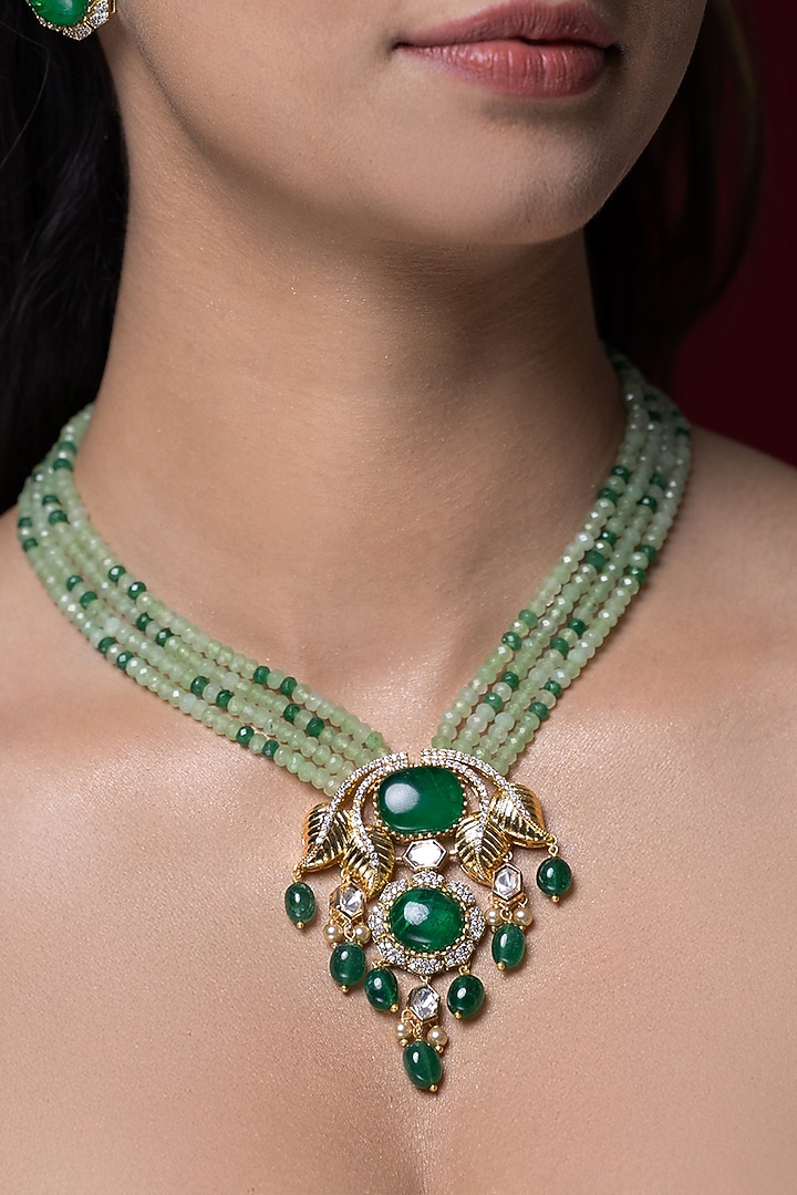 Gold Finish Kundan Polki & Green Beaded Necklace by Joules By Radhika at Pernia's Pop Up Shop