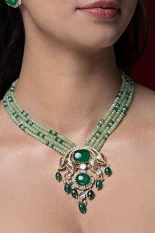 Gold Finish Kundan Polki & Green Beaded Necklace by Joules By Radhika