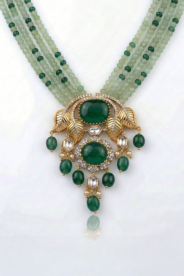 Gold Finish Kundan Polki & Green Beaded Necklace by Joules By Radhika at Pernia's Pop Up Shop