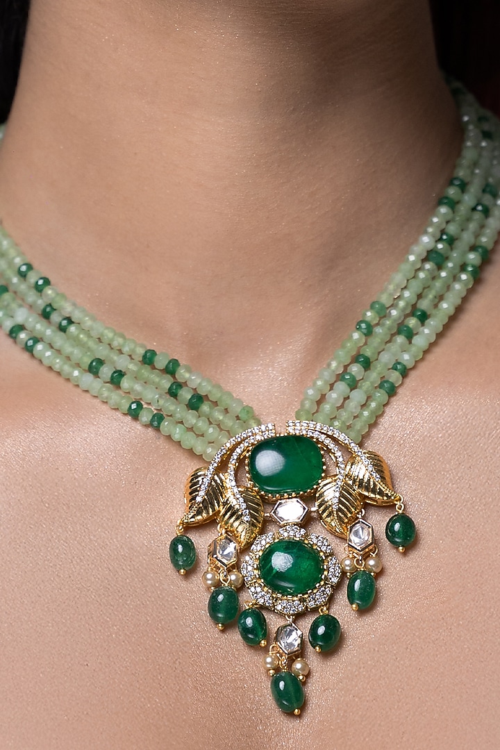 Gold Finish Kundan Polki & Green Beaded Necklace by Joules By Radhika at Pernia's Pop Up Shop