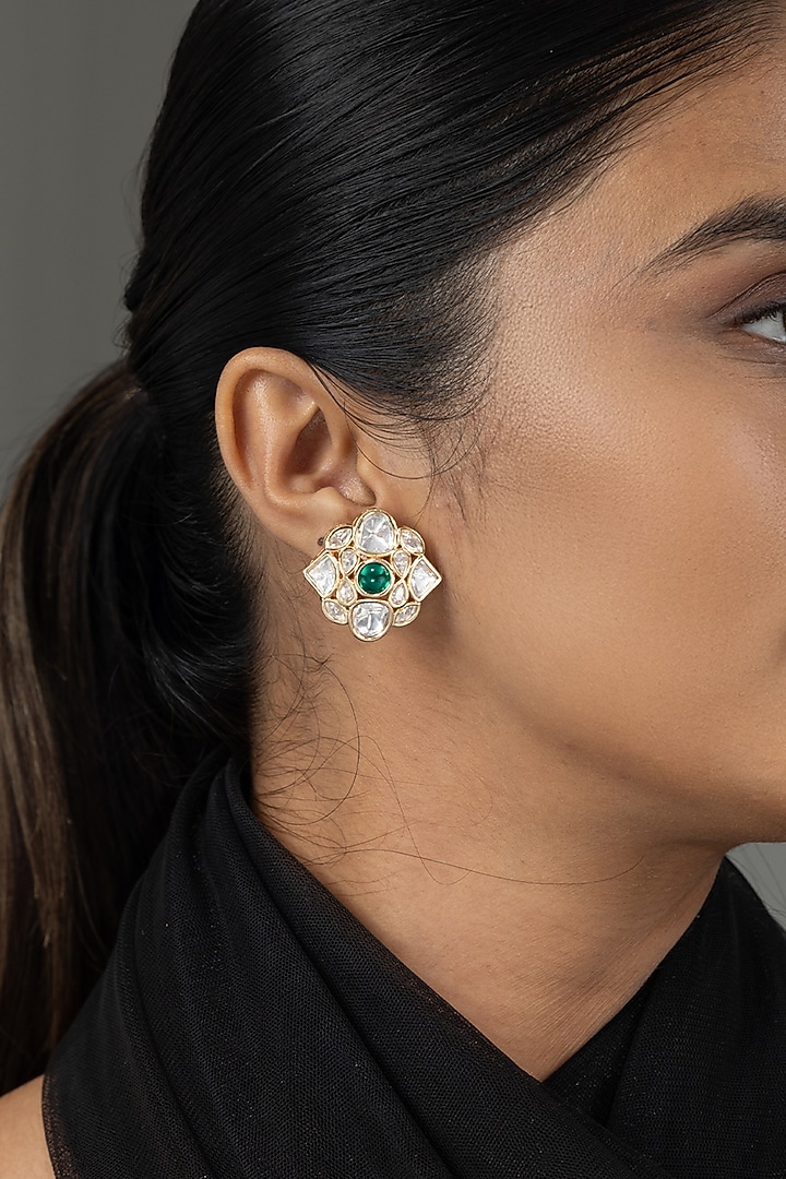 Gold Finish Kundan Polki & Green Stone Stud Earrings by Joules By Radhika at Pernia's Pop Up Shop