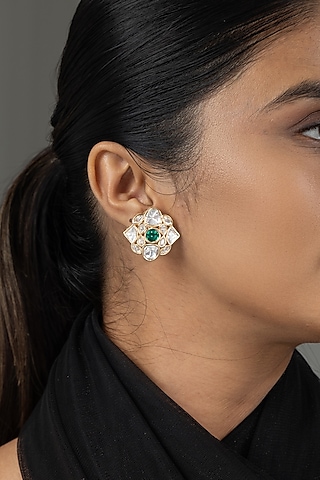 Gold Finish Kundan Polki & Green Stone Stud Earrings by Joules By Radhika