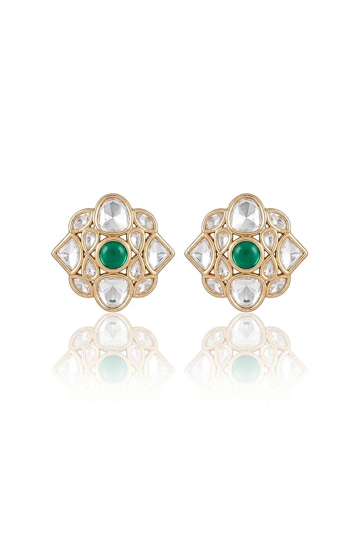 Gold Finish Kundan Polki & Green Stone Stud Earrings by Joules By Radhika at Pernia's Pop Up Shop
