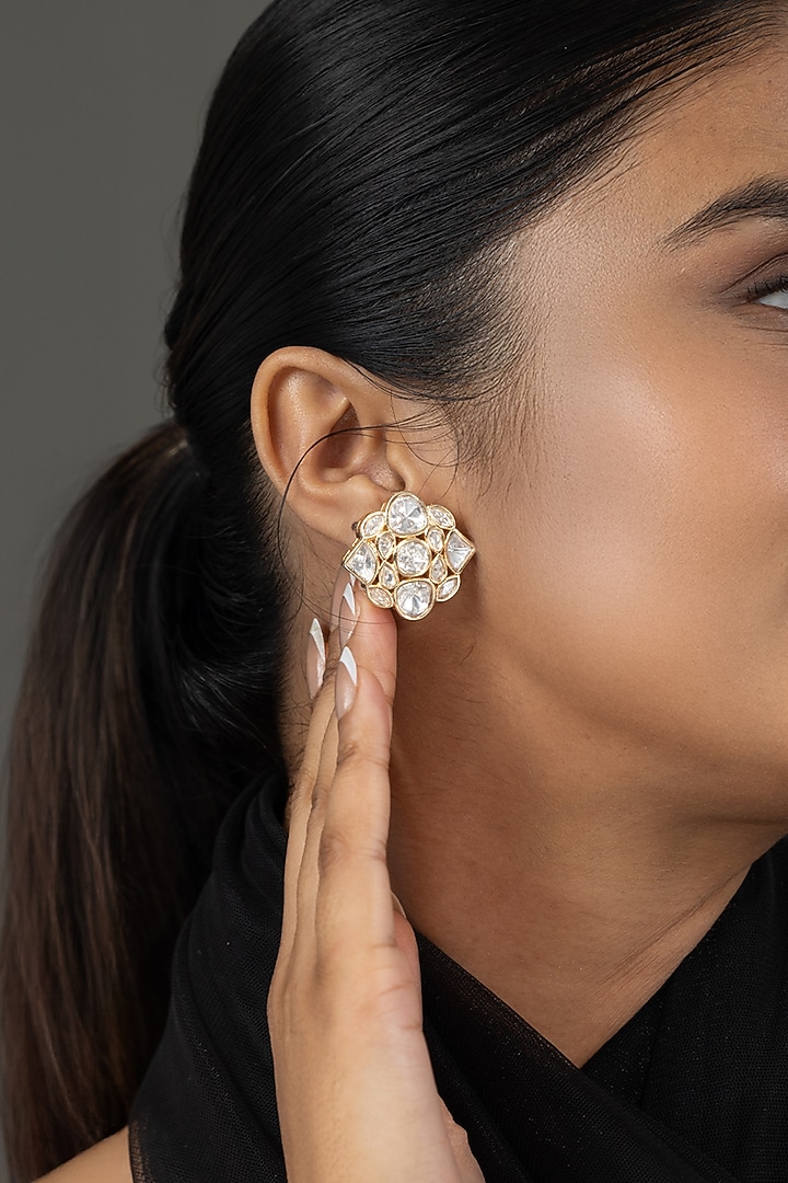 Gold Finish Kundan Polki Stud Earrings by Joules By Radhika at Pernia's Pop Up Shop