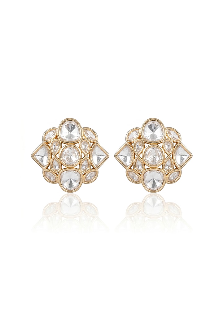Gold Finish Kundan Polki Stud Earrings by Joules By Radhika at Pernia's Pop Up Shop