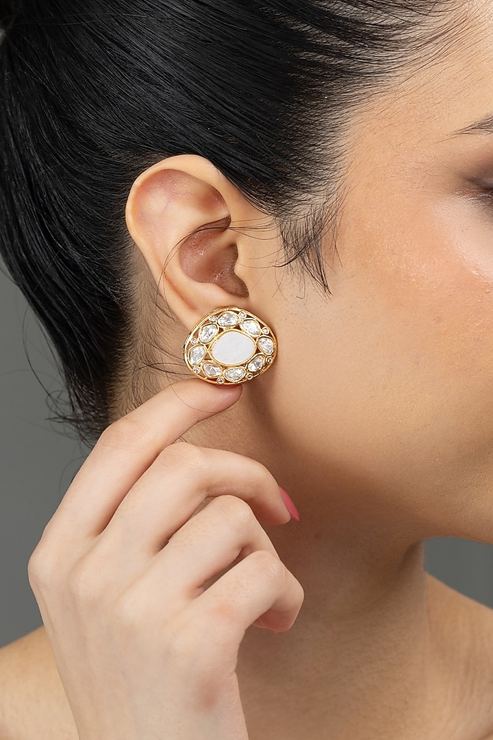 Gold Finish Kundan Polki Stud Earrings by Joules By Radhika at Pernia's Pop Up Shop