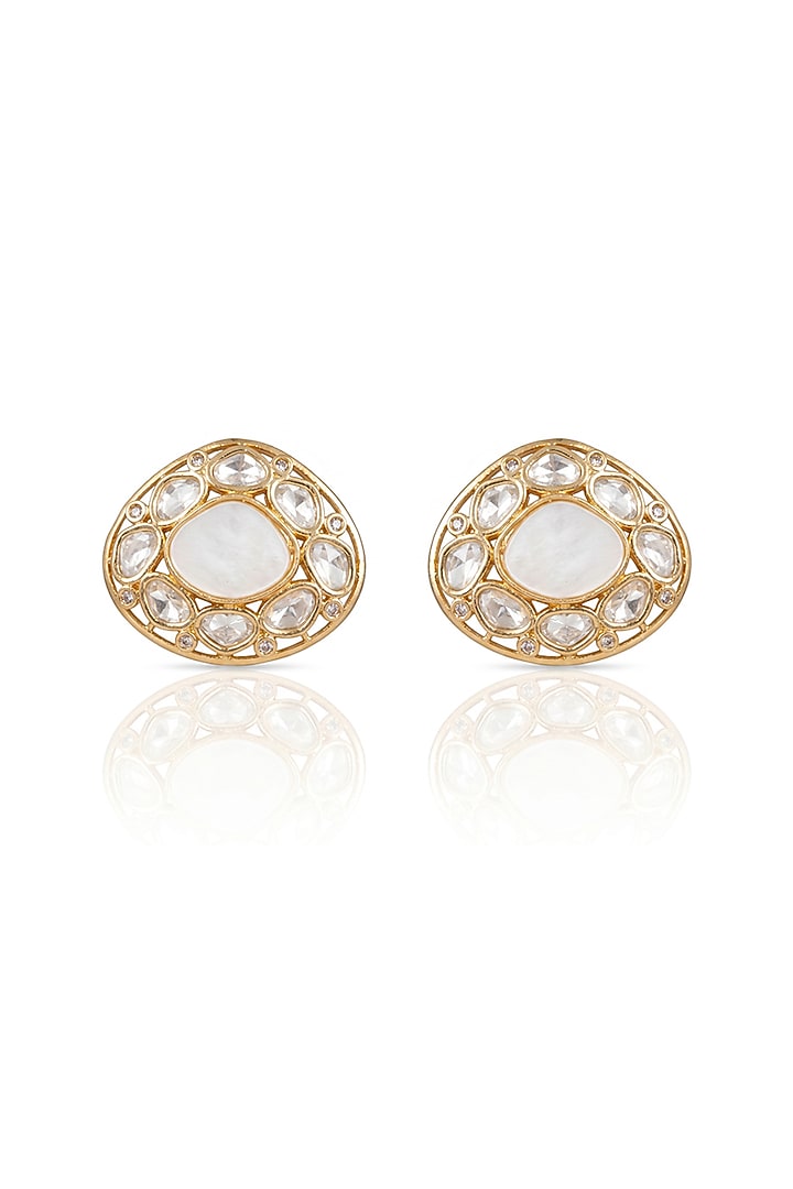 Gold Finish Kundan Polki Stud Earrings by Joules By Radhika at Pernia's Pop Up Shop