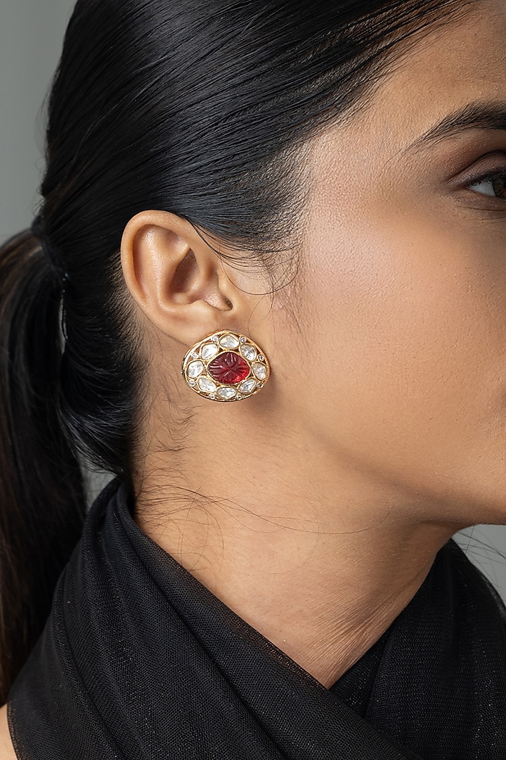 Gold Finish Kundan Polki & Red Stone Stud Earrings by Joules By Radhika at Pernia's Pop Up Shop