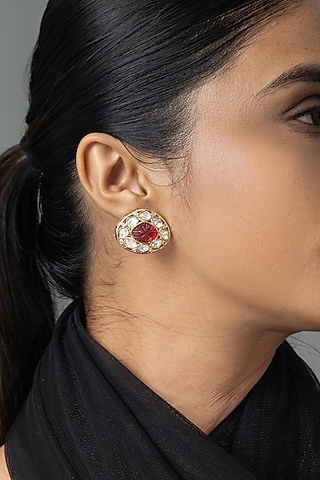 Gold Finish Kundan Polki & Red Stone Stud Earrings by Joules By Radhika