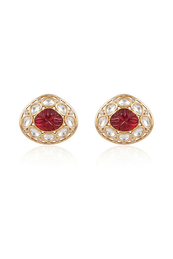 Gold Finish Kundan Polki & Red Stone Stud Earrings by Joules By Radhika at Pernia's Pop Up Shop