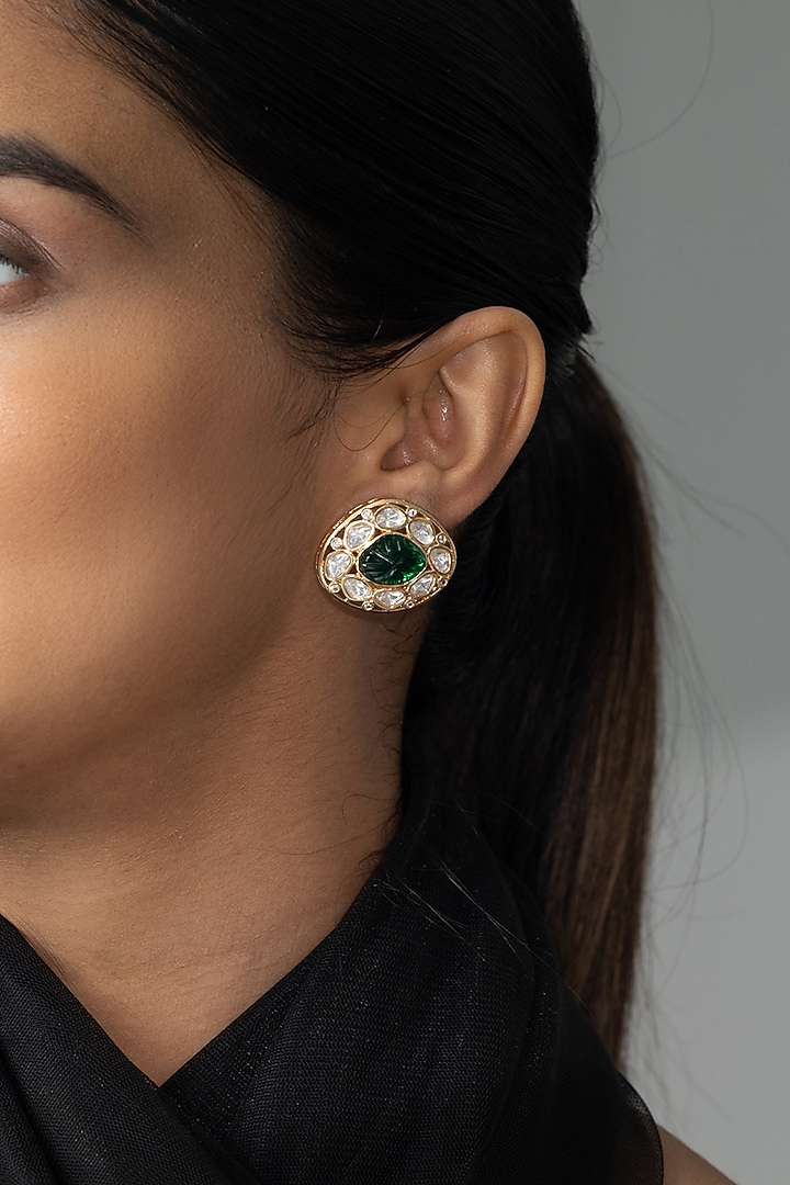 Gold Finish Kundan Polki & Green Stone Stud Earrings by Joules By Radhika at Pernia's Pop Up Shop