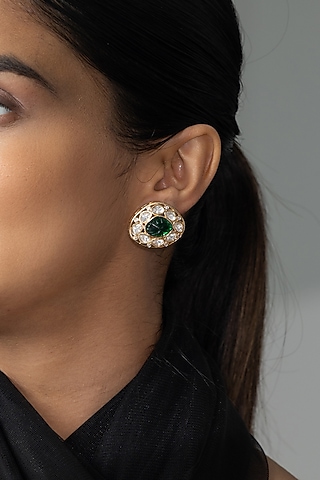 Gold Finish Kundan Polki & Green Stone Stud Earrings by Joules By Radhika
