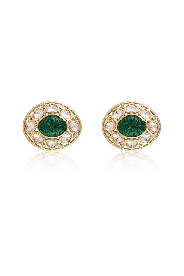 Gold Finish Kundan Polki & Green Stone Stud Earrings by Joules By Radhika at Pernia's Pop Up Shop