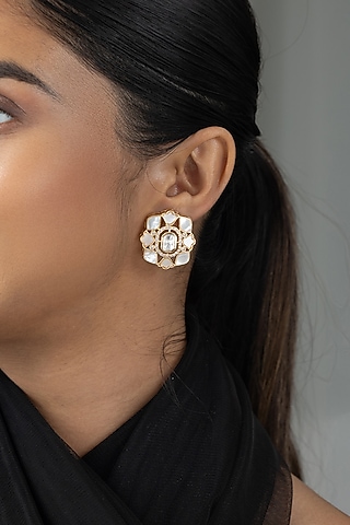 Gold Finish Kundan Polki Floral Stud Earrings by Joules By Radhika