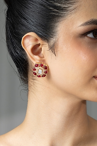 Gold Finish Red Kundan Polki Floral Stud Earrings by Joules By Radhika